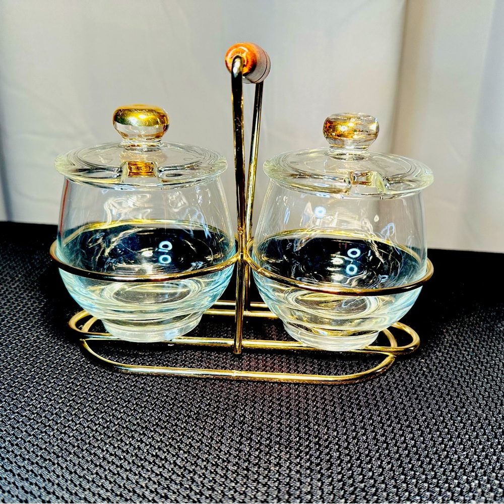 Libbey Condiment Caddy Retro MCM 2 Glass Containers With Wood And Metal Carrier.